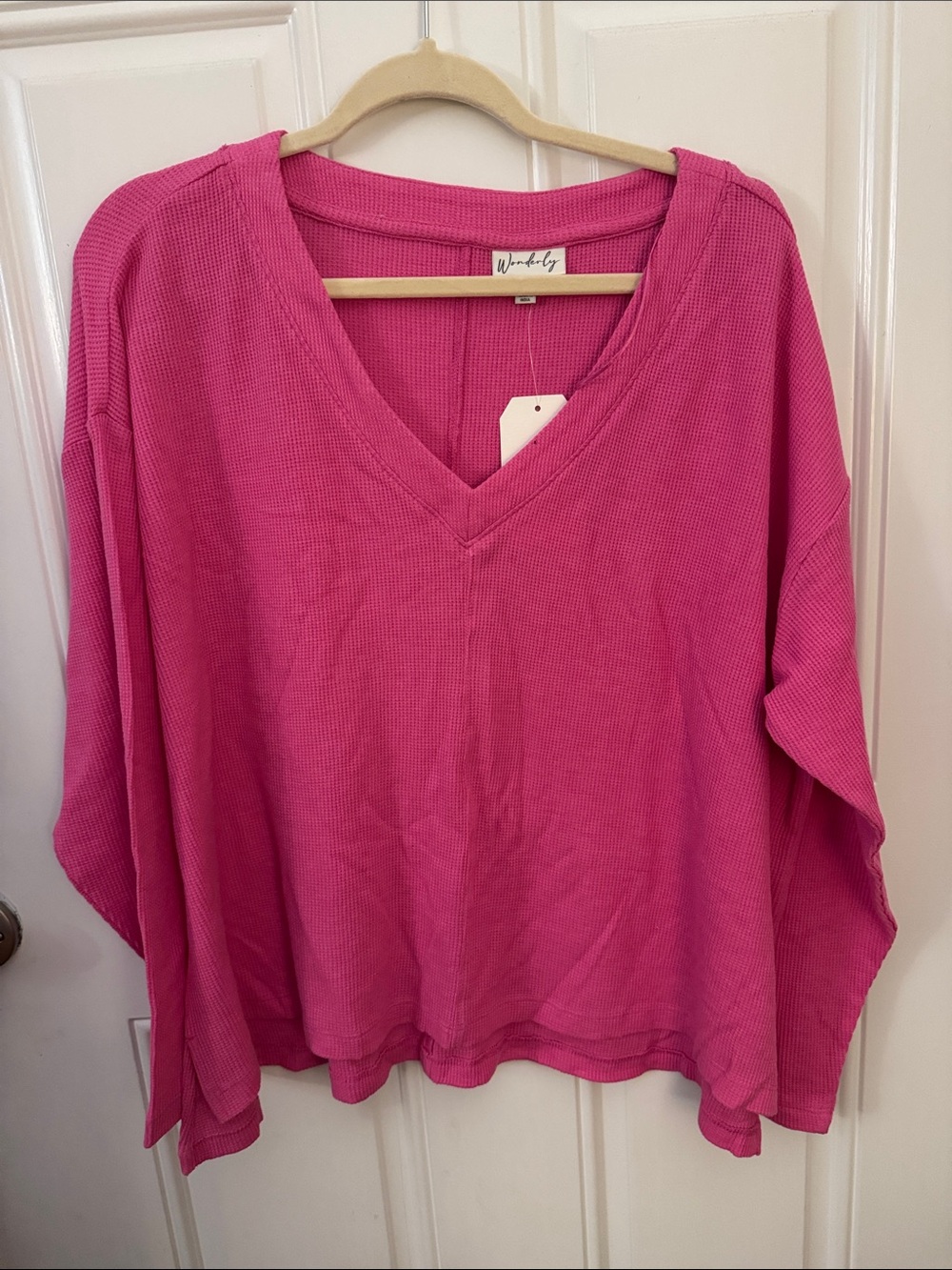 Wonderly Relaxed V-Neck Waffle Knit Top — Bright Pink